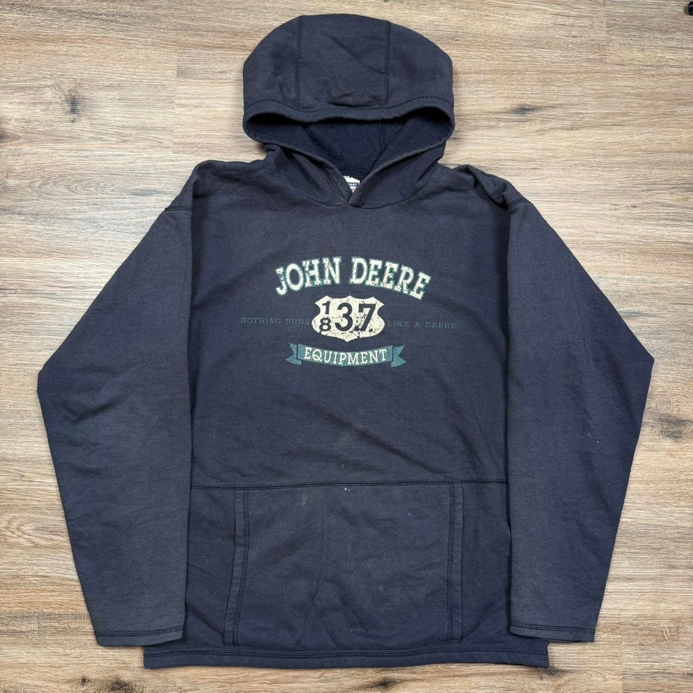 vintage 90s boxy navy blue john deere graphic thrashed hoodie